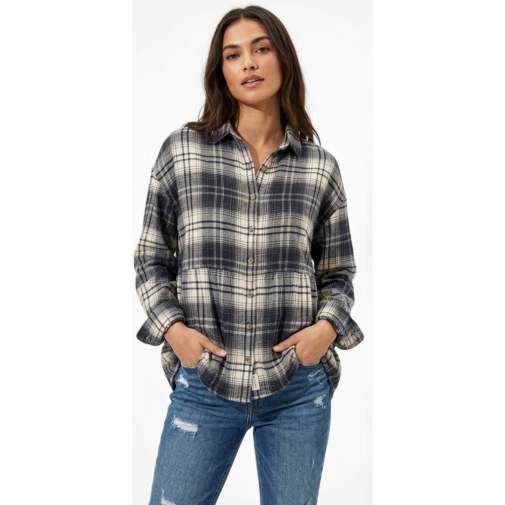 American Eagle Plaid Peplum Button Down Shirt Navy Cream Small